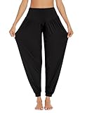 PINSPARK Damen Yogahose Lange Haremhose Laufhose Pilates Weiche Jogginghose Casual Pluderhose Pumphose Freizeithosen Elastisch Sporthose Schwarz L