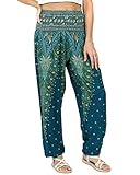 Lofbaz Damen Haremshose Yogahose Pumphose Hippie Hose Boho Kleidung Festival Outfit Sommerhose Leicht Sommer Hosen - Peacock 1 Teal Grün XL