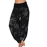 Italy Moda Aladinhose Damen Haremshose leichte Sommerhose Blume Rose XS-L (XS-L, Schwarz Blume)