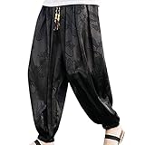 Haremshose Herren Leinenhose Lang Lose Fit Yogahose Leicht Sommer Hosen Taillehosen Aladinhose Herren mit Taschen Strandhose Beach Japan Style Bequeme Sommerhose Luftig Schwarz XXL