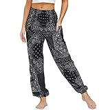 Nuofengkudu Damen Hippie Haremshose Yogahose mit Taschen Thai High Waist Yoga Hosen Leichte Dünn Boho Ethno Muster Strand Sommerhose Pumphose Freizeithose(Y-Schwarz Totem,Einheitsgröße)